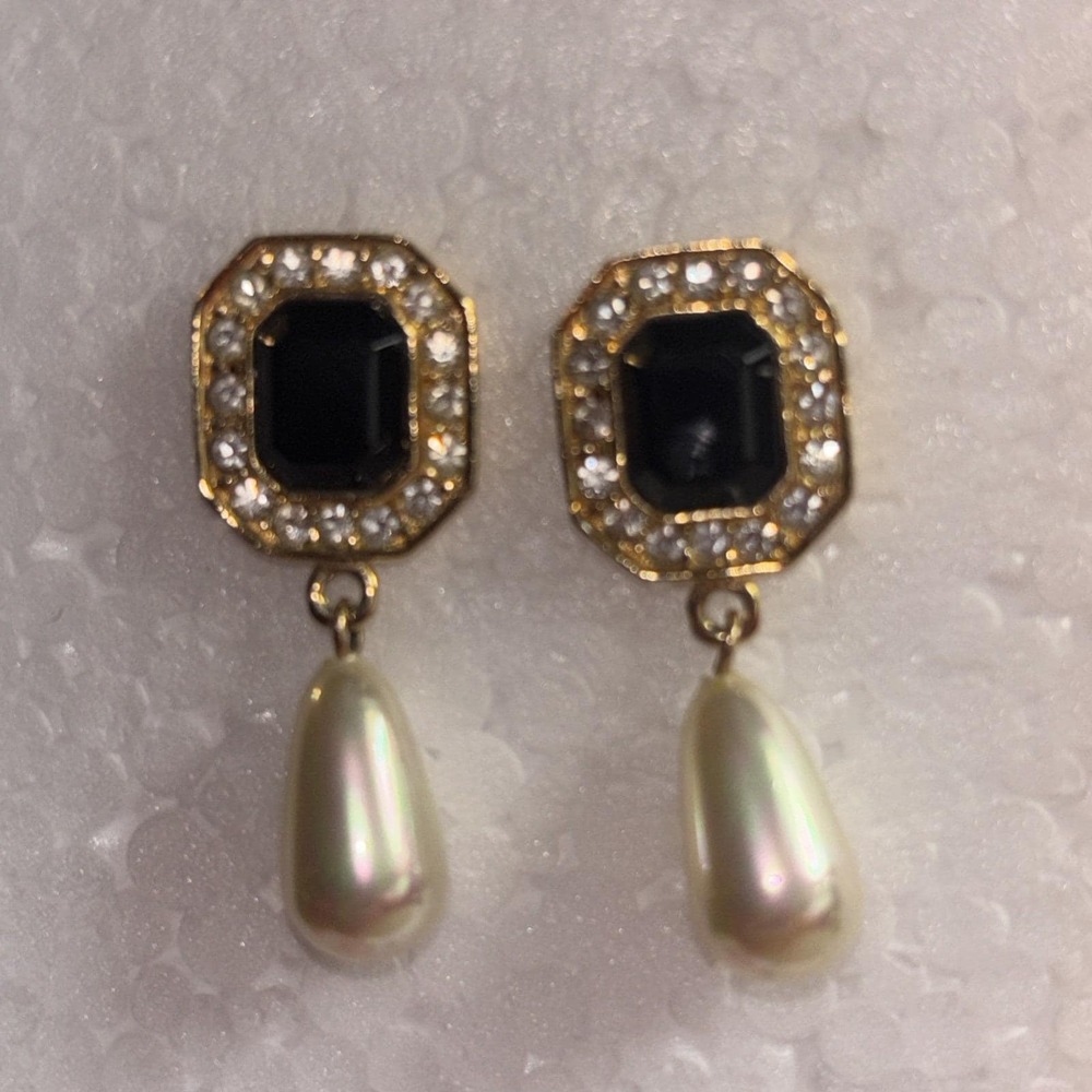 Roman Earrings Burgundy Rhinestones Pearl Gold Tone Jewelry Valentines